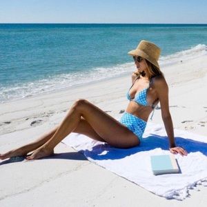 L*Space Turquoise Picnic Plaid String Bikini Top | Portia High Waisted Bottom